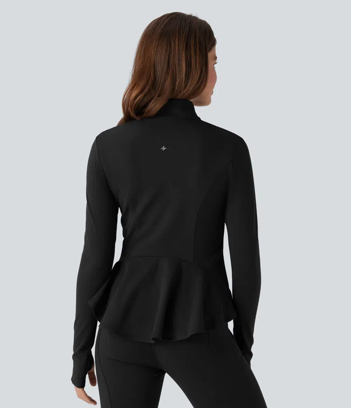 DayStretch Stand Collar Zipper Thumb Hole Ruffle Hem Slim Jacket with Pockets