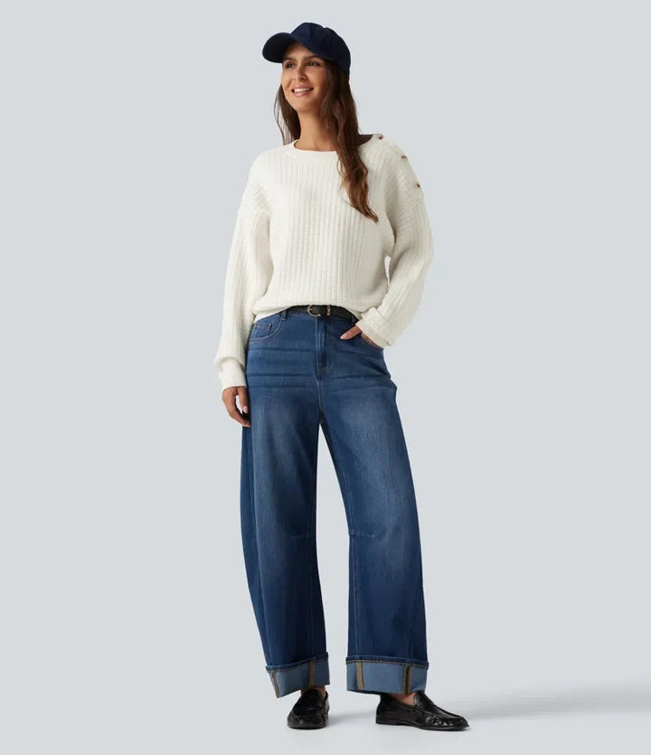 Round Neck Dropped Shoulder Long Sleeve Casual Sweater