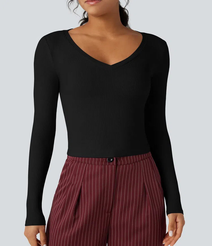 Ribbed Knit V Neck Long Sleeve Cropped Work T-Shirt