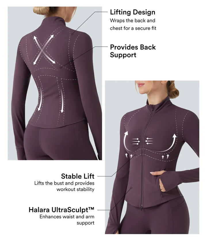 Halara UltraSculpt Mock Neck Ruched Push-Up Long Sleeve Thumb Hole Yoga Jacket with Pockets