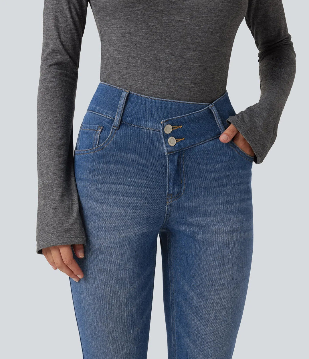 Halara Flex Mid Rise Asymmetric Casual Skinny Jeans with Pockets