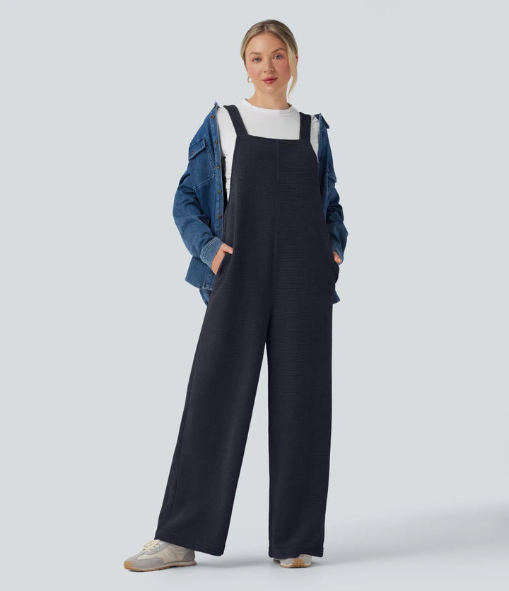 Tie Back Chenille Waffle Casual Overalls with Pockets