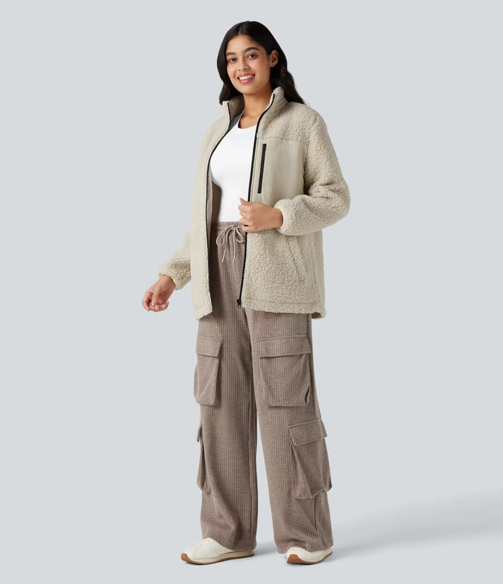 Stand Collar Zip Fly Relaxed Hiking Teddy Jacket with Pockets
