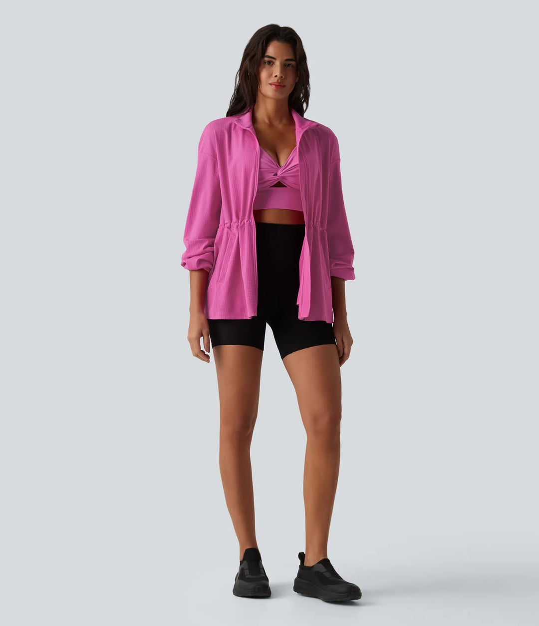 Long Sleeve Inner Drawstring Stripes Quick Dry Workout Jacket-UPF40+