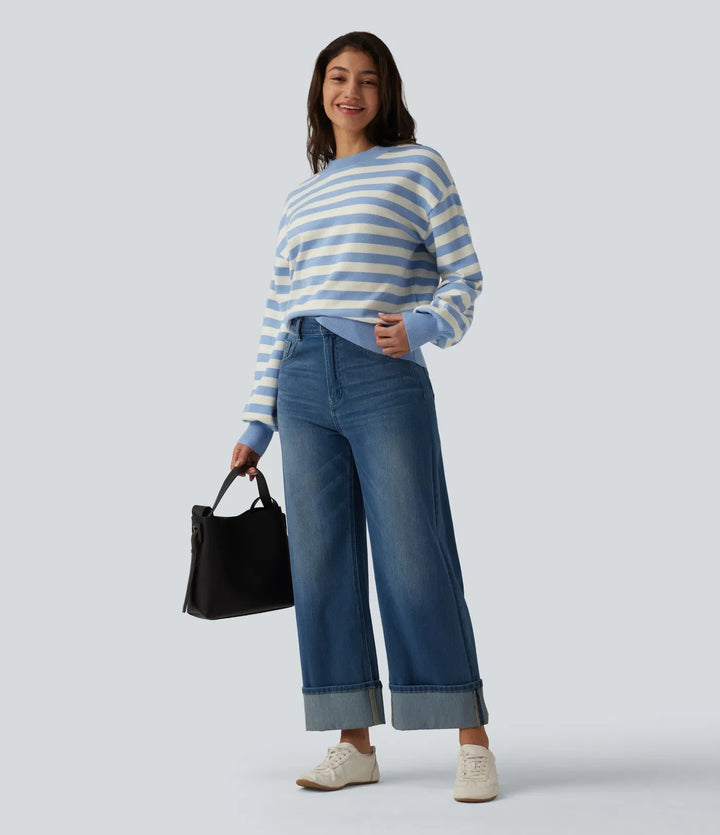 Round Neck Long Sleeve Stripe Casual Sweater