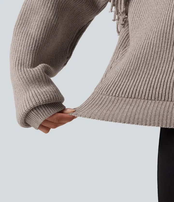Round Neck Long Sleeve Fringe Work Sweater