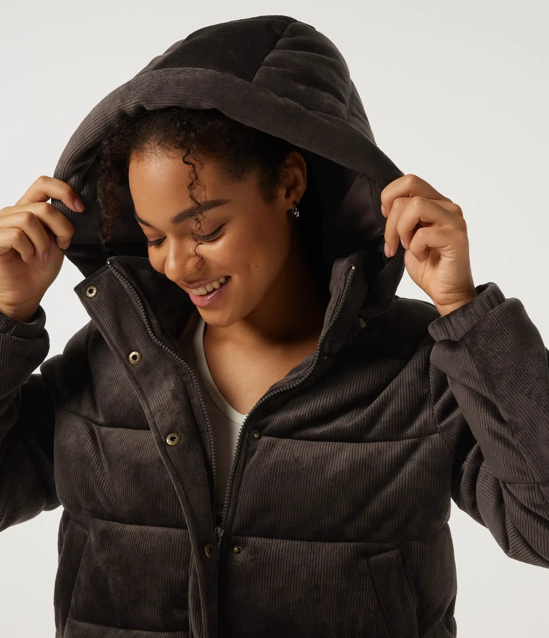 Ribbed Knit Removable Hood Long Sleeve Fleece Casual Padded Jacket with Pockets