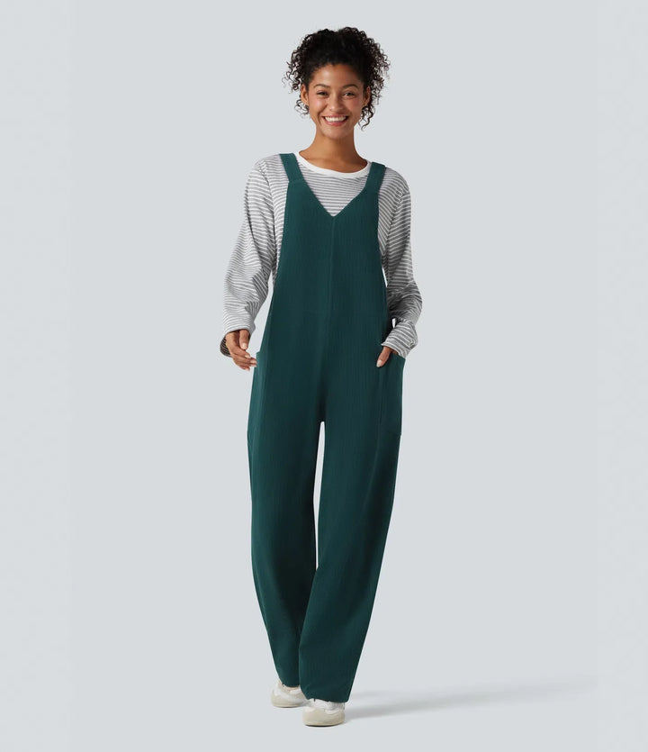 V Neck Corduroy Casual Overalls with Pockets