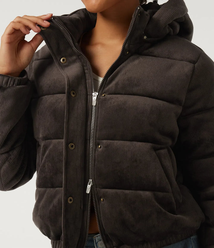 Ribbed Knit Removable Hood Long Sleeve Fleece Casual Padded Jacket with Pockets