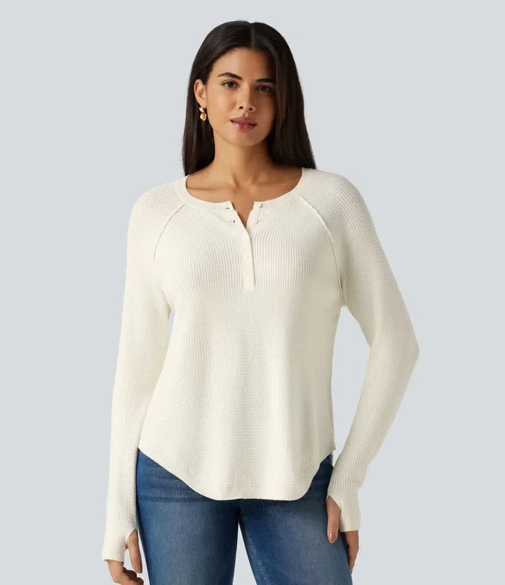 Henley Neck Long Sleeve Thumb Hole Curved Hem Casual Sweater