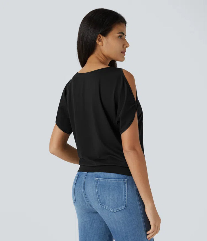 Boat Neck Short Sleeve Cut Out Casual T-Shirt