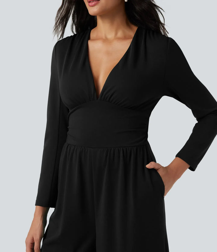 V Neck Long Sleeve Ruched Jumpsuit with Pockets-Easy Peezy Edition