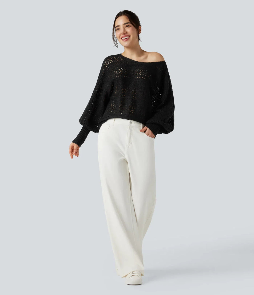 Round Neck Batwing Long Sleeve Hollow Out Casual Sweater