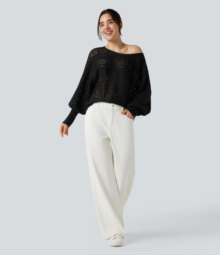 Round Neck Batwing Long Sleeve Hollow Out Casual Sweater