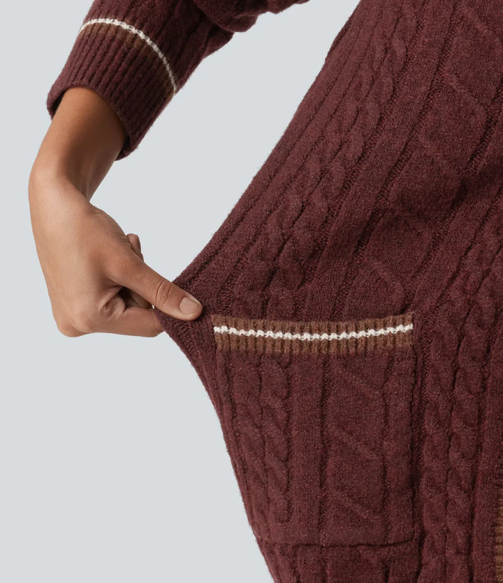 V Neck Long Sleeve Color Block Work Cardigan with Pockets