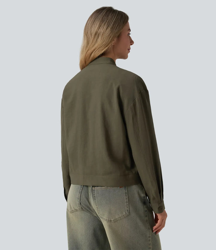 Stand Collar Long Sleeve Casual Cargo Jacket with Pockets