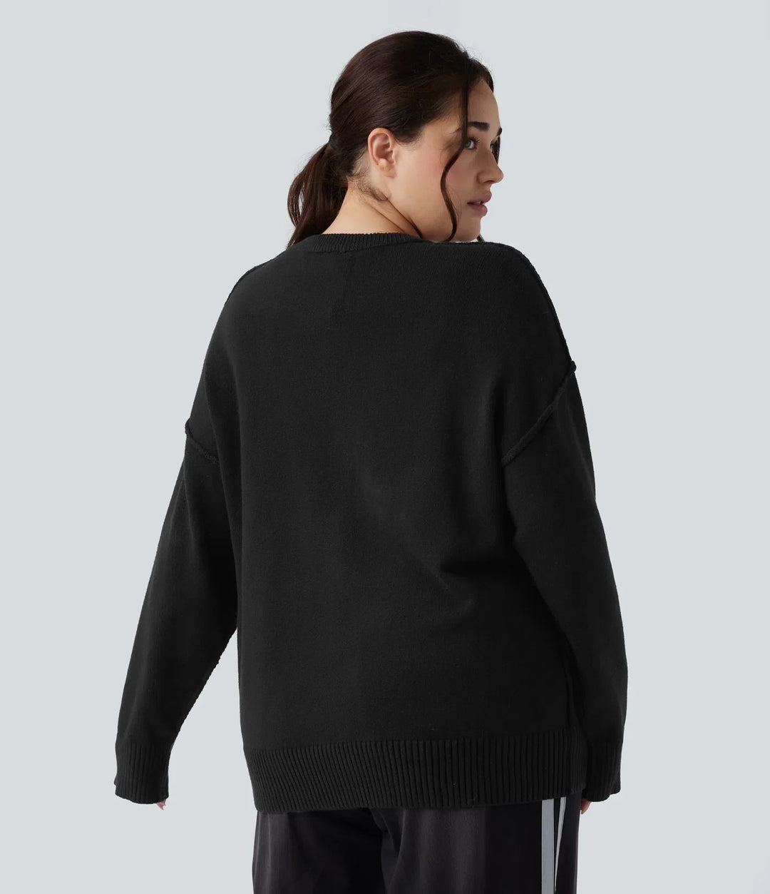 Round Neck Dropped Shoulder Long Sleeve Casual Plus Size Sweater