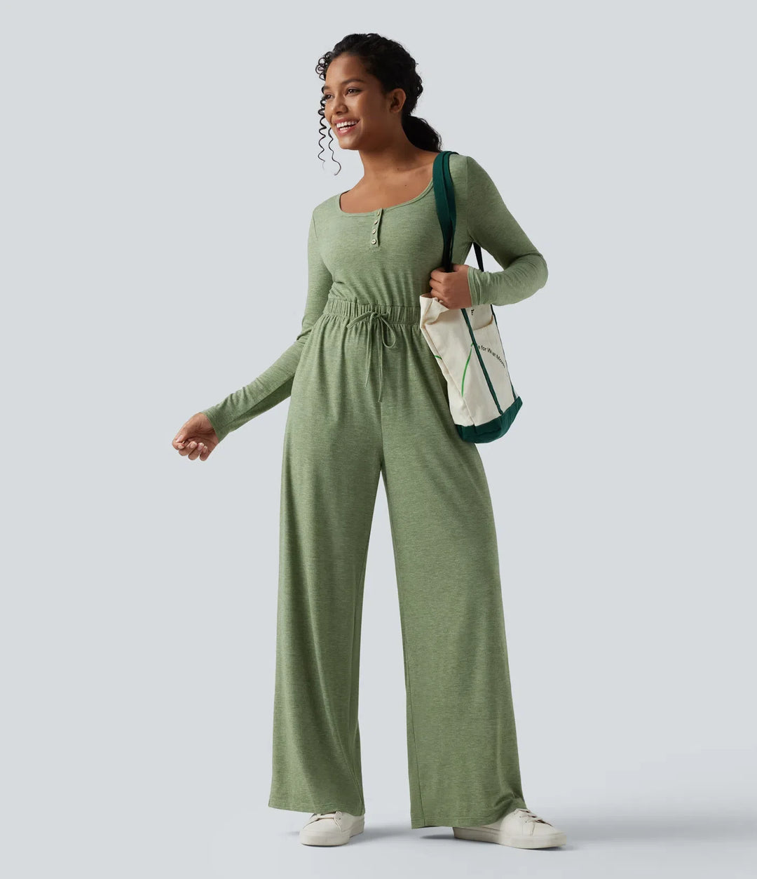 Henley Long Sleeve Drawstring Heathered Casual Baggy Jumpsuit with Pockets-Easy Peezy