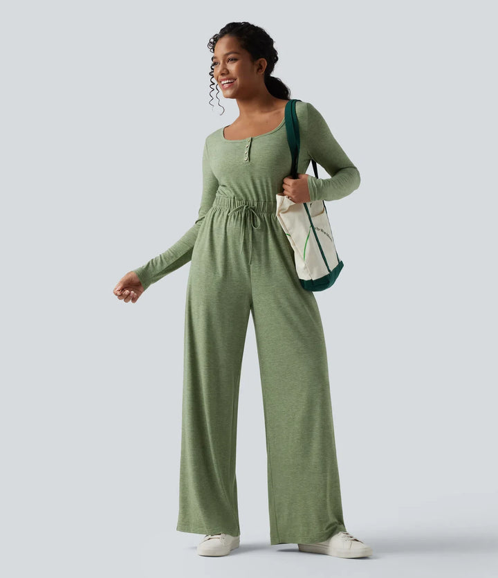 Henley Long Sleeve Drawstring Heathered Casual Baggy Jumpsuit with Pockets-Easy Peezy