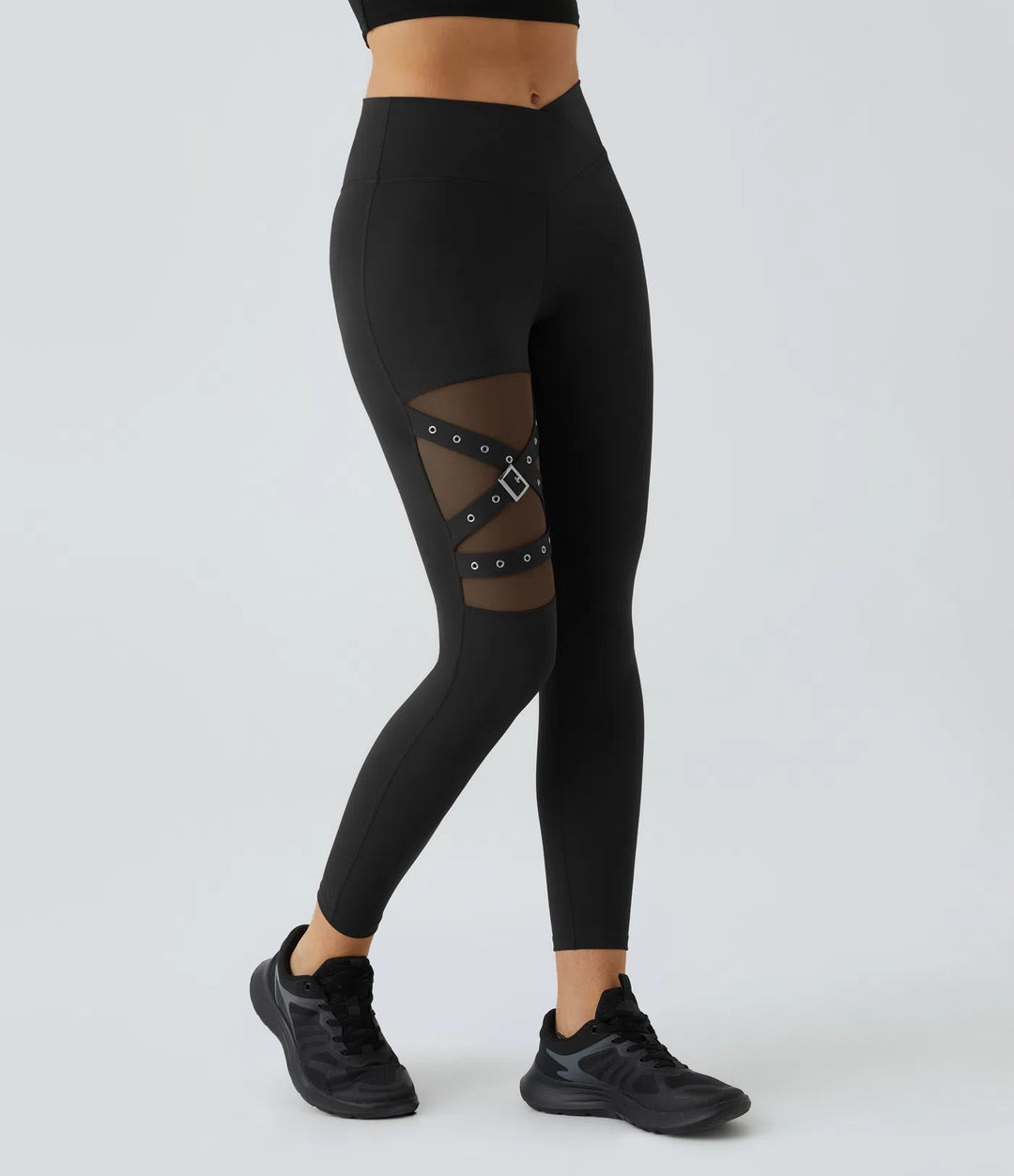 DayStretch High Waisted Crossover Contrast Mesh Decorative Buckle Yoga Leggings
