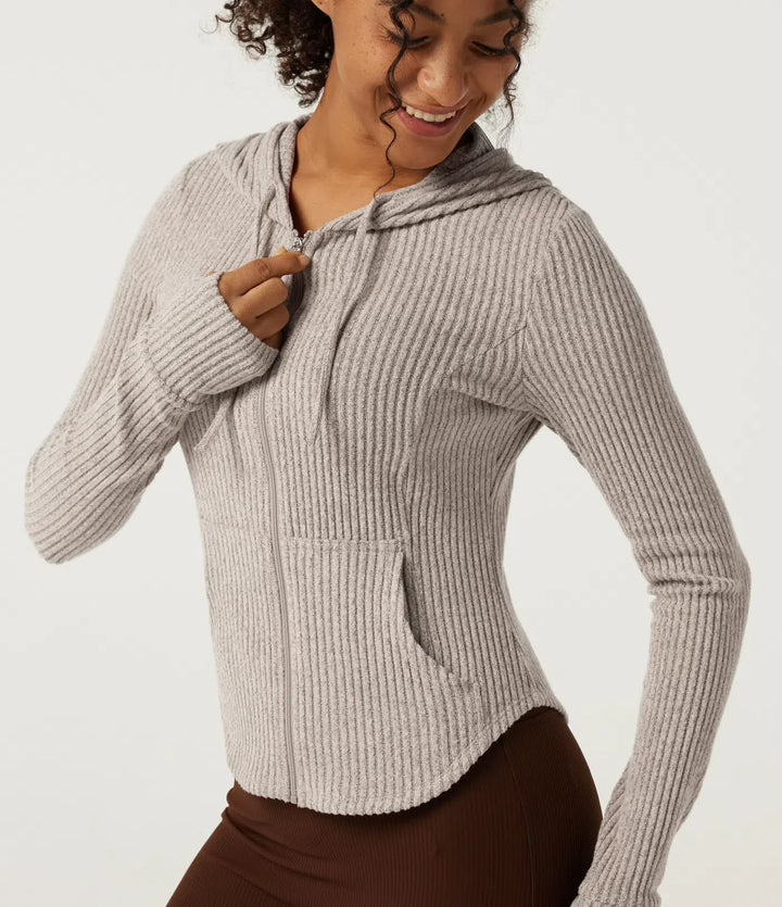 Ribbed Knit Hooded Long Sleeve Yoga Jacket with Pockets