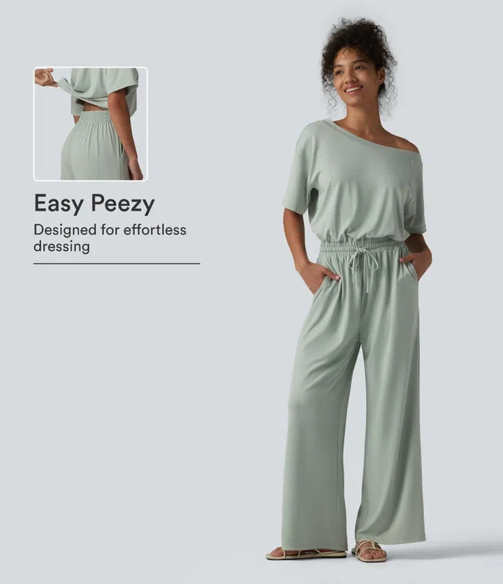 Boat Neck Short Sleeve Drawstring Baggy Casual Jumpsuit with Pockets-Easy Peezy Edition