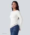 Boat Neck Long Sleeve Contrast Lace Asymmetric Hem Casual Top
