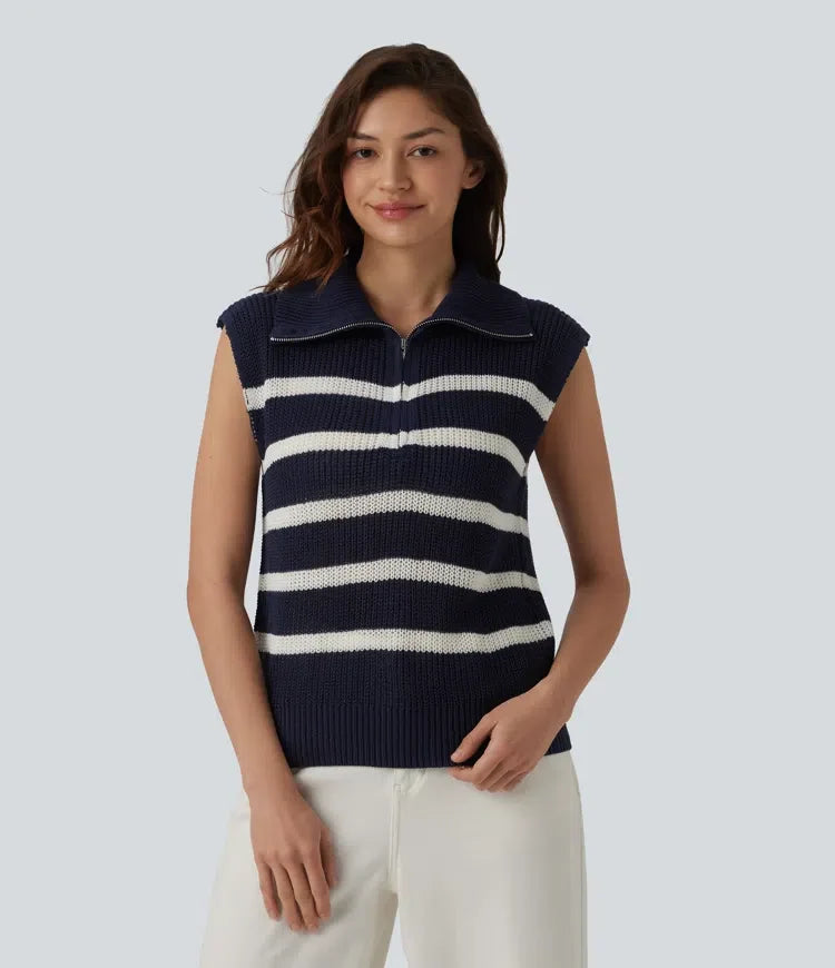 Half Zip Sleeveless Stripe Casual Sweater