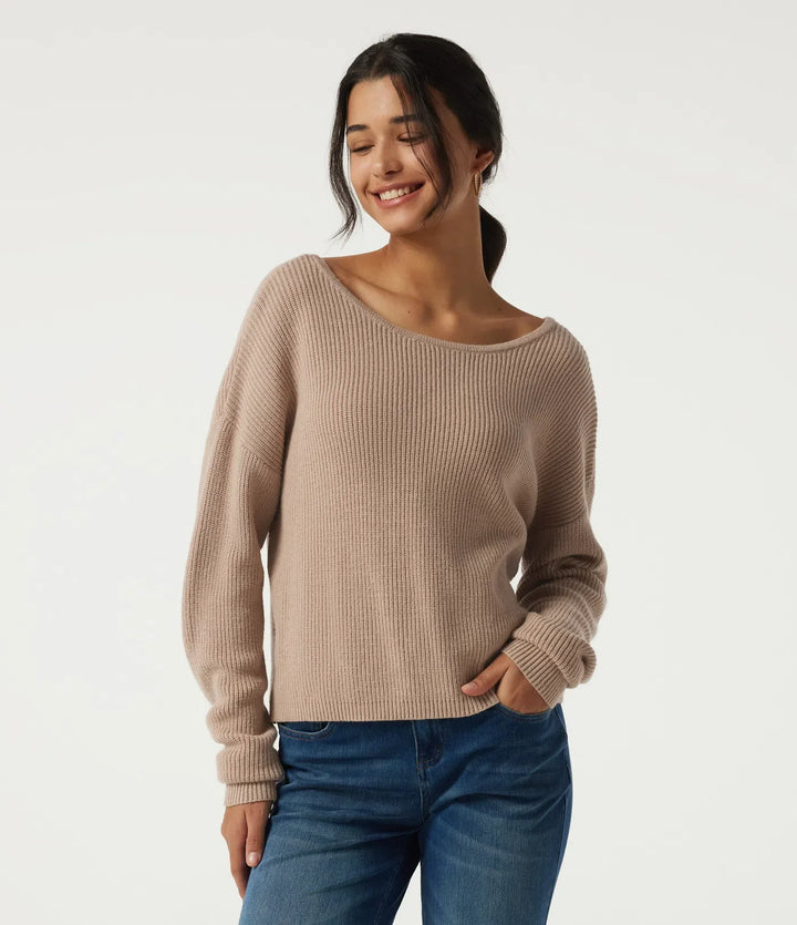 Boat Neck Long Sleeve Cut Out Back Casual Sweater