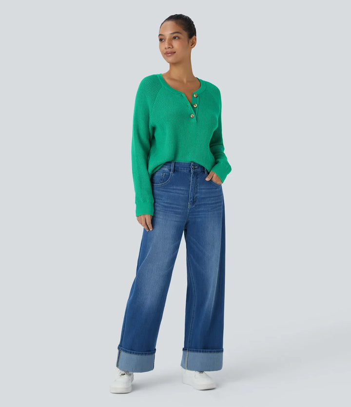 Round Neck Front Long Sleeve Casual Sweater