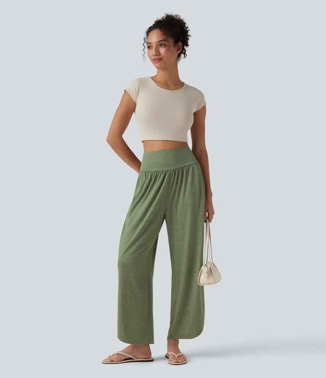 High Waisted Tummy Control Curved Hem Casual Pants with Pockets