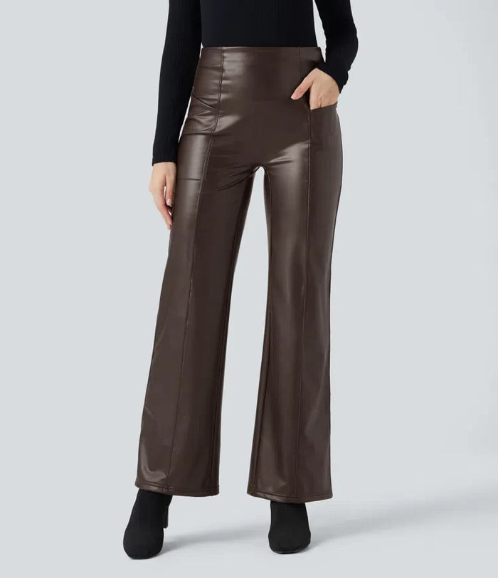 High Waisted Tummy Control Stretchy PU Fleece Casual Flare Pants with Pockets