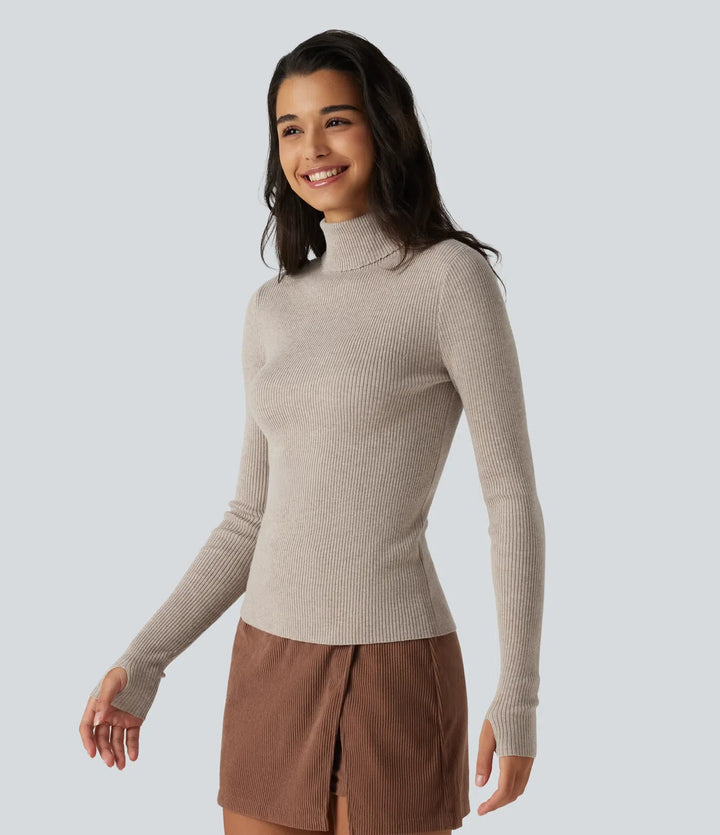 High Neck Long Sleeve Thumb Hole Work Sweater