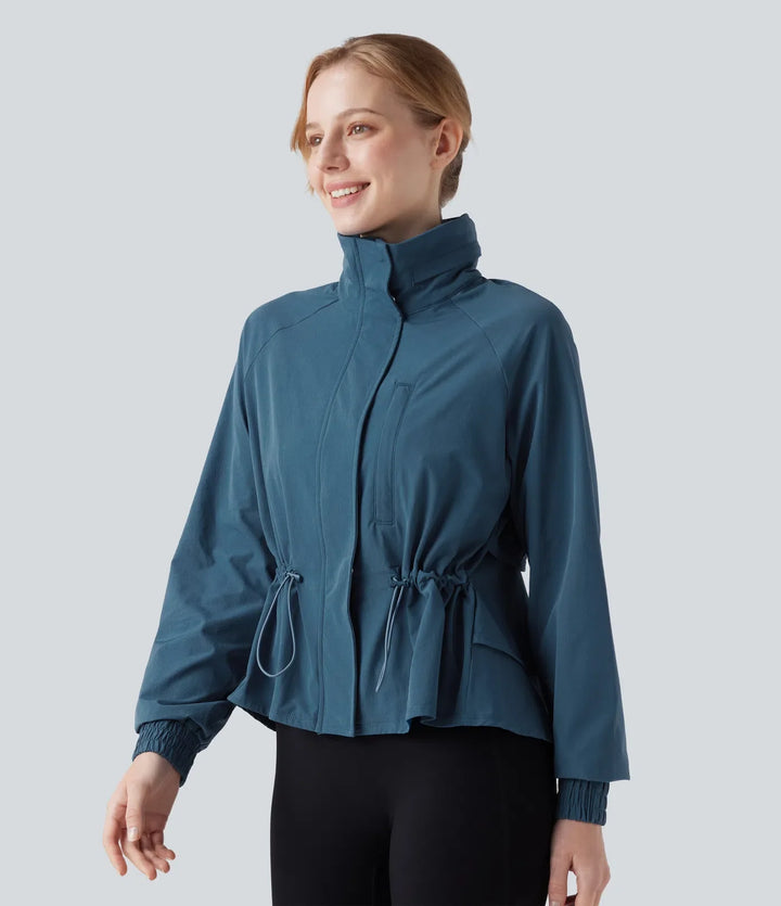 Stowable Hood Drawstring Contrast Mesh Ruffle Hem Workout Jacket with Pocket