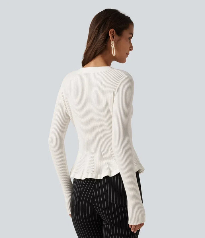 V Neck Long Sleeve Ruffle Hem Slim Work Cardigan