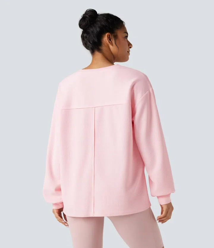 Round Neck Long Sleeve Split Hem Waffle Oversized Casual Sweatshirt with Pockets