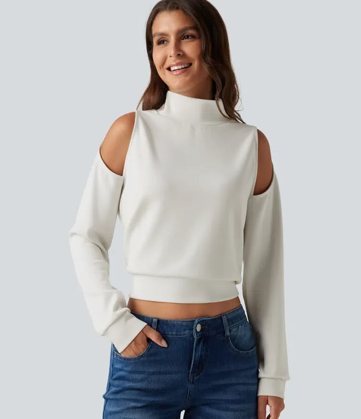 Mock Neck Cold Shoulder Long Sleeve Casual Sweatshirt