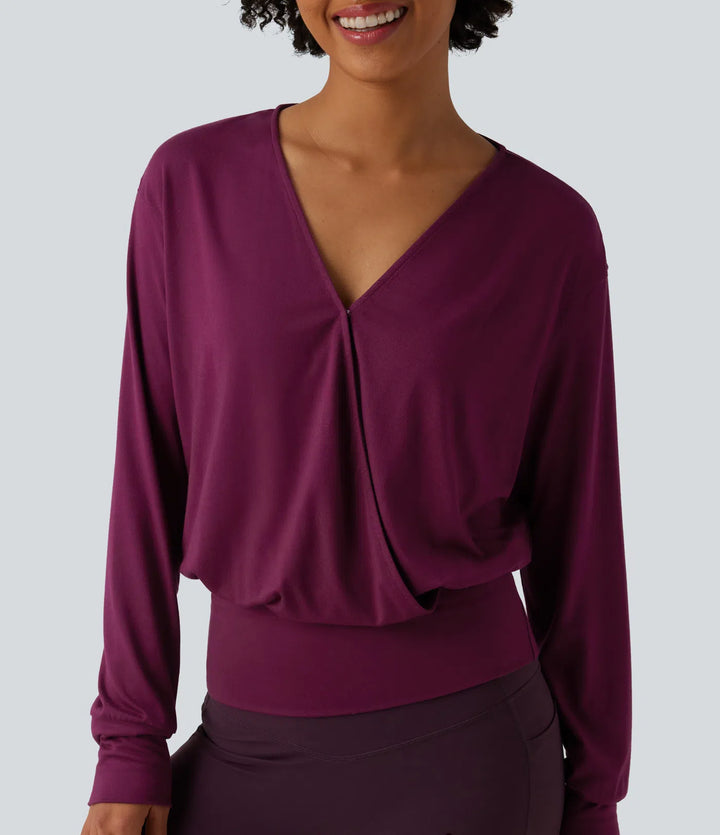 V Neck Crossover Long Sleeve Work Blouse