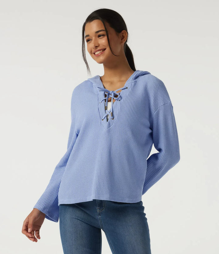 Hooded Long Sleeve Lace Up Waffle Casual Sweatshirt