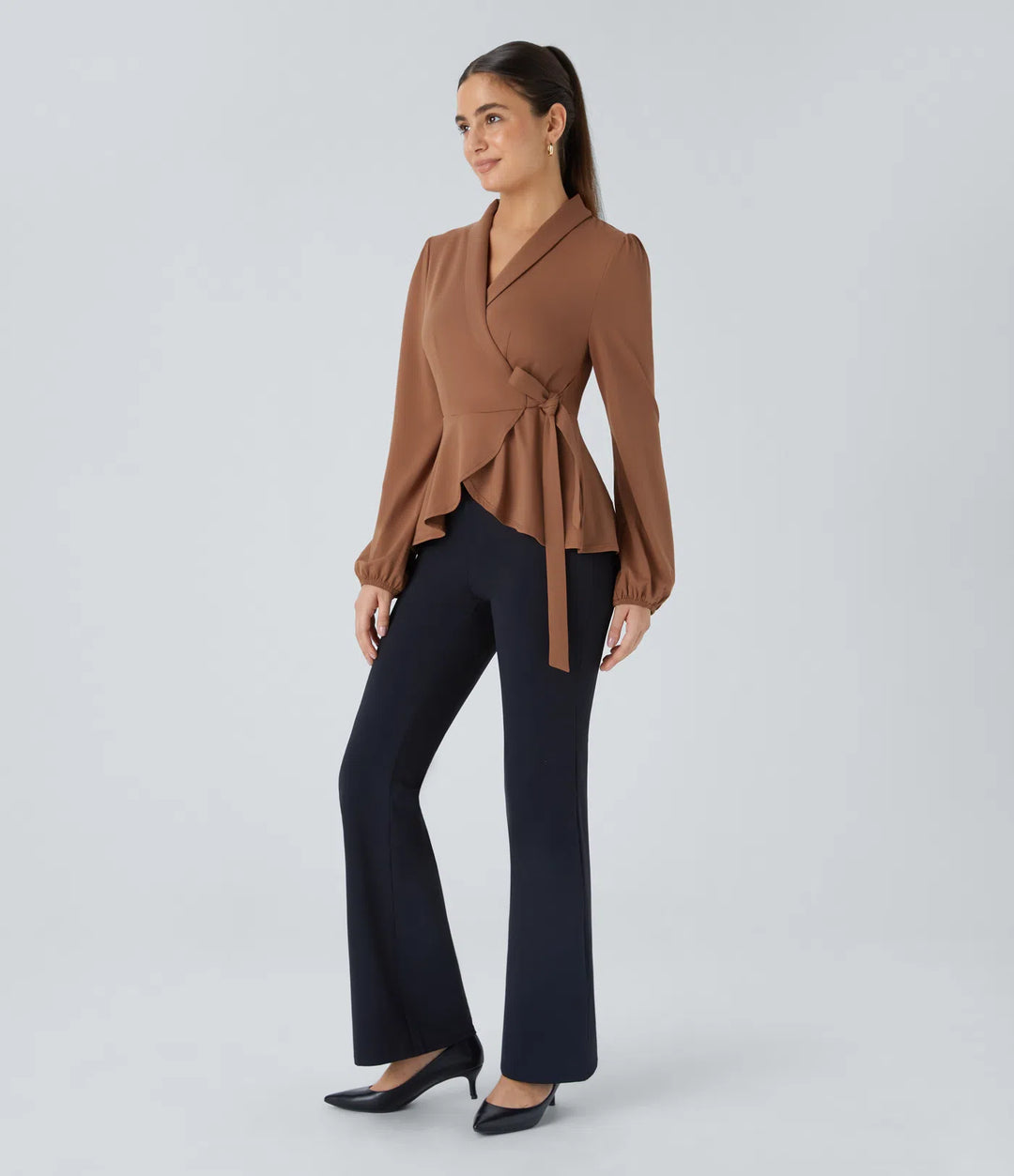 Shawl Collar Wrapped Tie Side Ruffle Hem Work Blouse