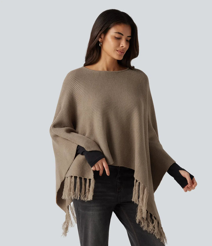 Boat Neck Fringe Poncho Cape Casual Sweater