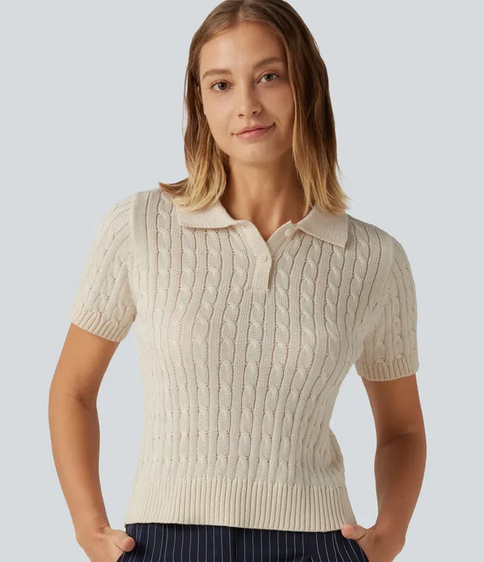 Polo Short Sleeve Cable Knit Work Sweater