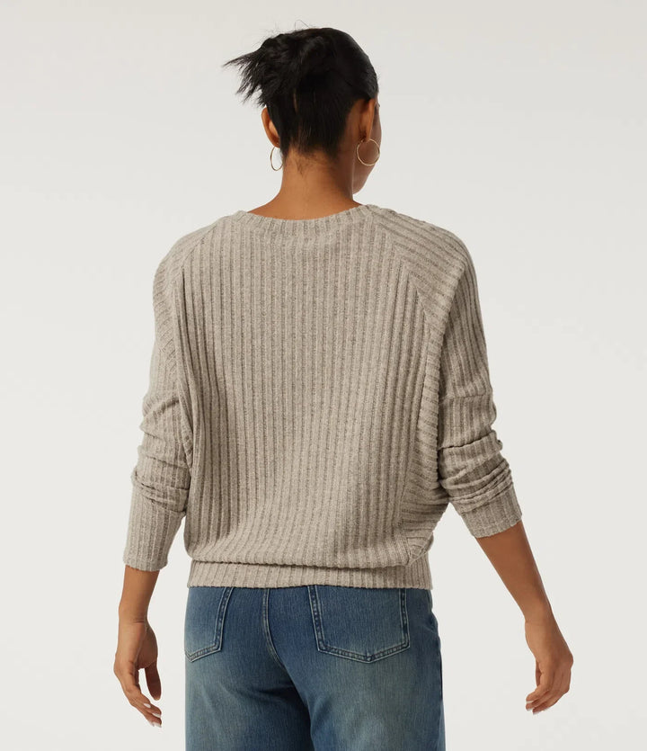 Ribbed Knit V Neck Long Sleeve Casual Top