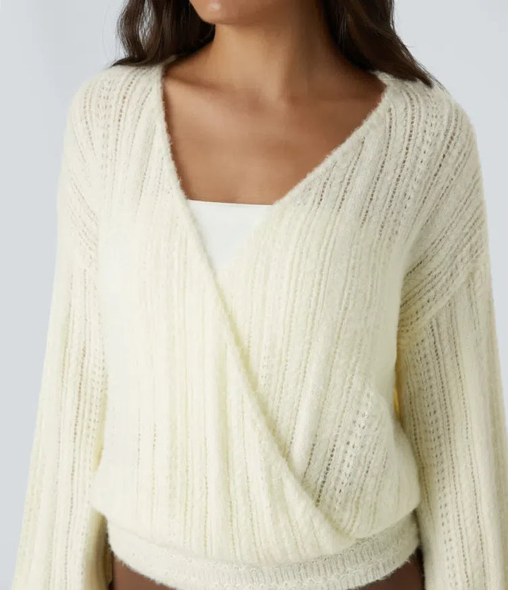 Sheer V Neck Long Sleeve Work Sweater-Front and Back Wearable