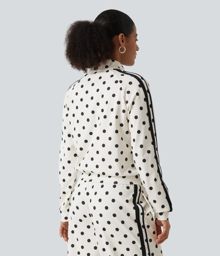 Stand Collar Polka Dot Side Stripe Casual Track Jacket with Pockets