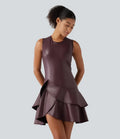 Round Neck Sleeveless Asymmetric Ruffle Hem A Line Mini Fleece Casual PU Leather Dress