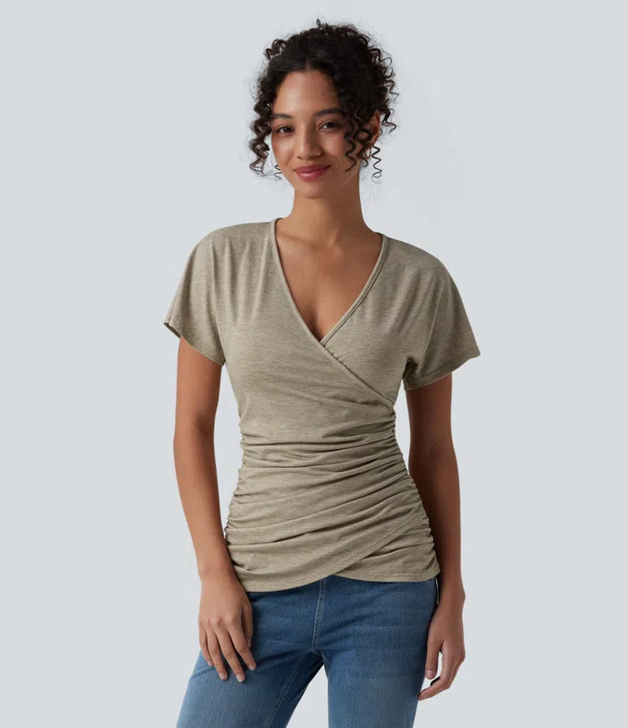V Neck Short Sleeve Ruched Casual Top