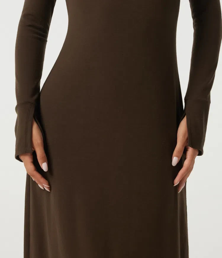 High Neck Long Sleeve Asymmetric Thermal Casual Bodycon Midi Dress