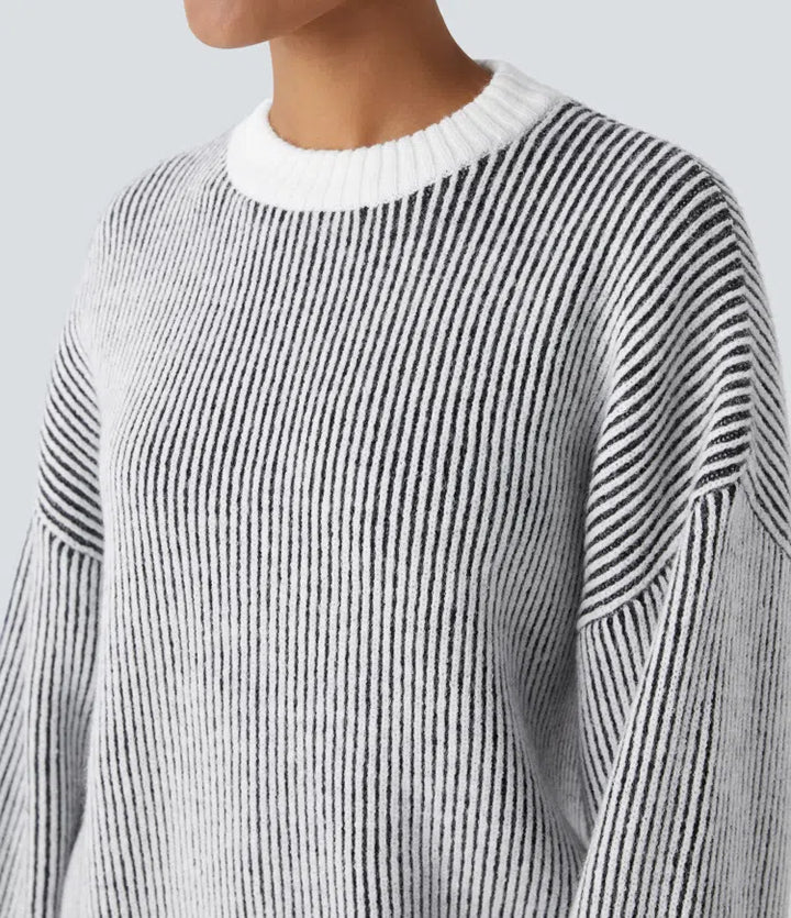 Round Neck Long Sleeve Color Block Stripe Casual Sweater