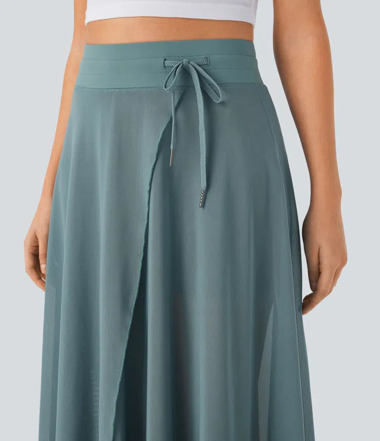 High Waisted Drawstring Contrast Mesh 2-in-1 Pocket Flowy Maxi Flare Casual Skirt